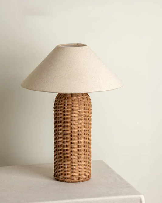 Rattan table lamp with handwoven base and fabric shade - view 2