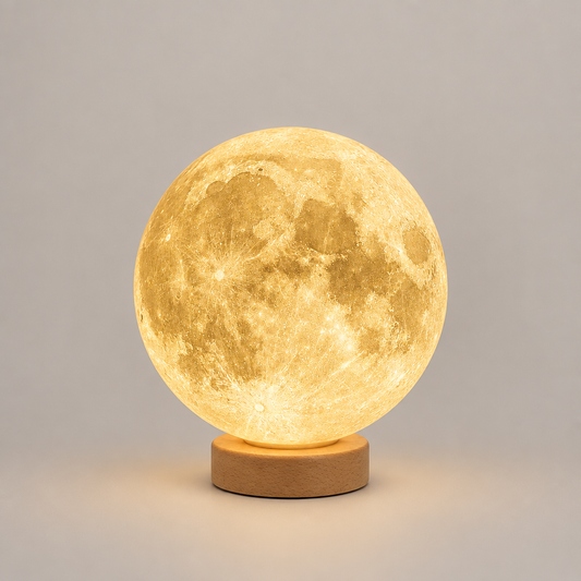 Realistic moon table lamp on wooden stand