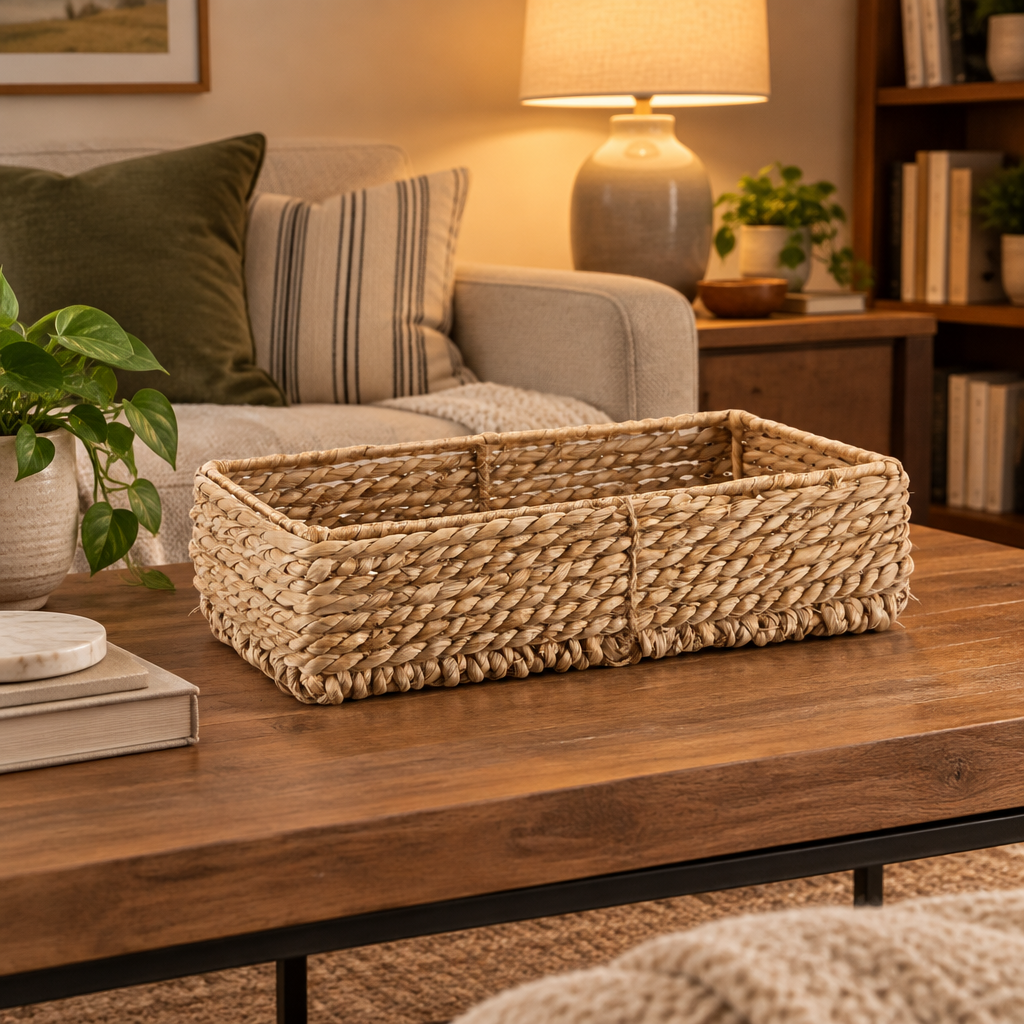 Rectangular Rush Fibre Storage Tray in a styled interior