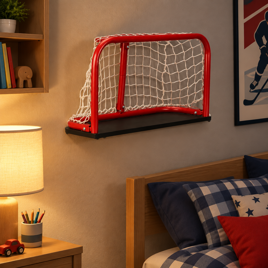 Red Hockey Net Wall Shelf in a styled interior