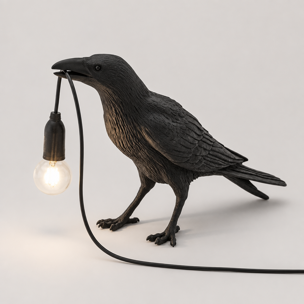 Resin crow sculpture table lamp in black