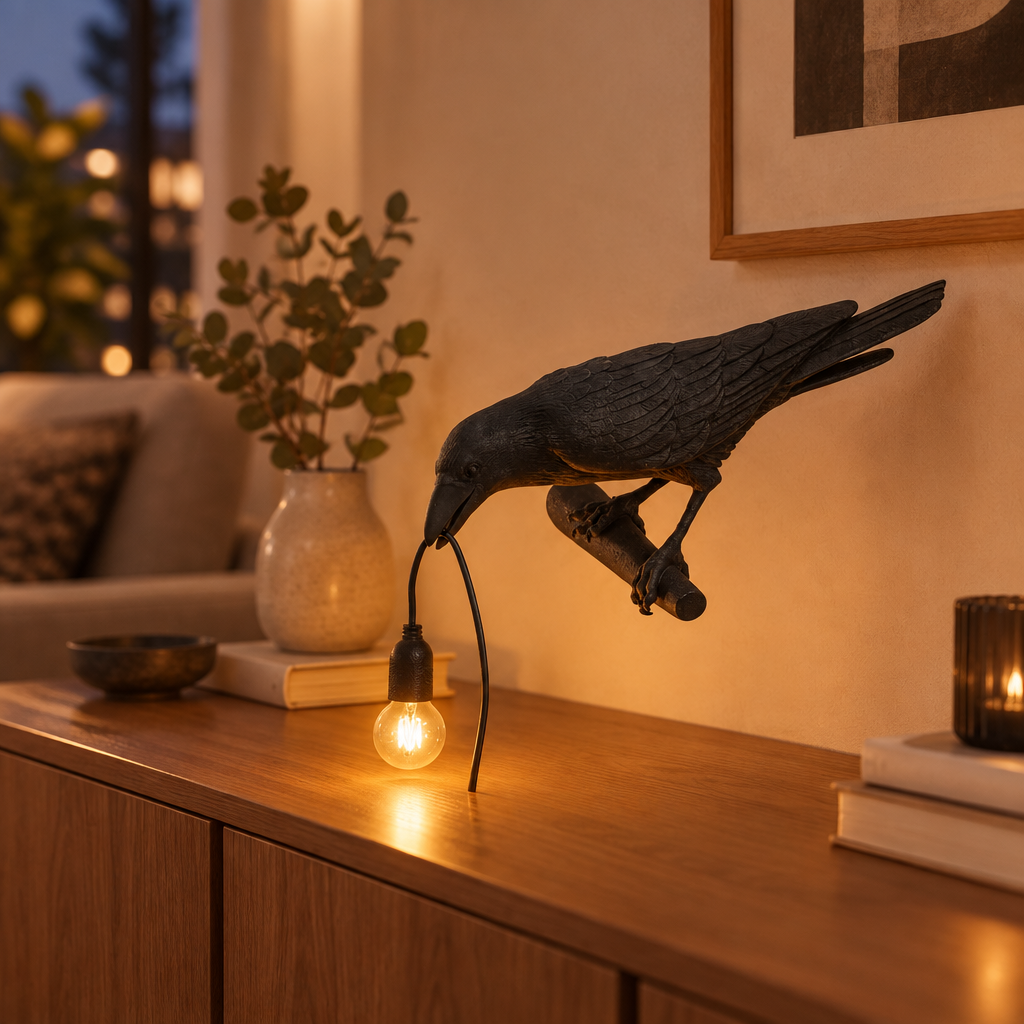 Resin crow sculpture table lamp switched on in a living room