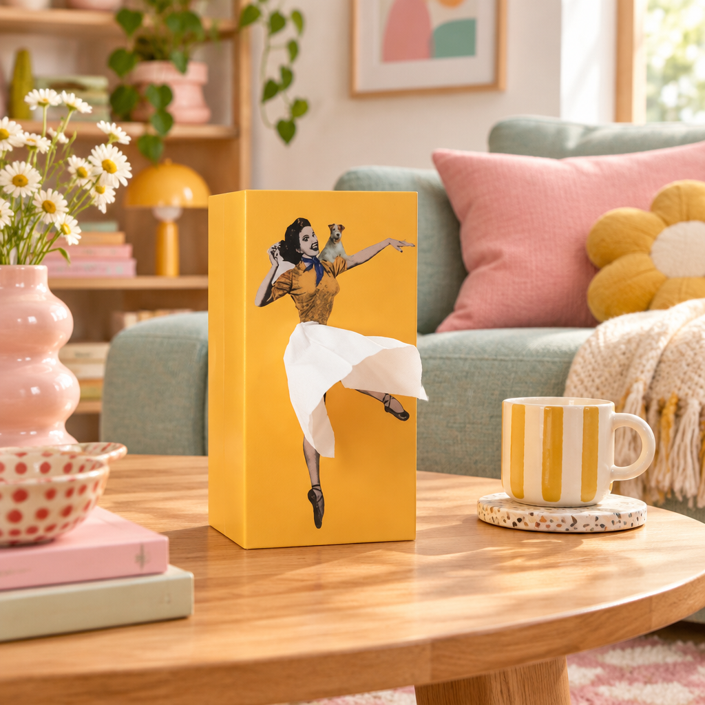Decorative Rock-Shaped Tissue Box on a coffee table in a playful pastel living room