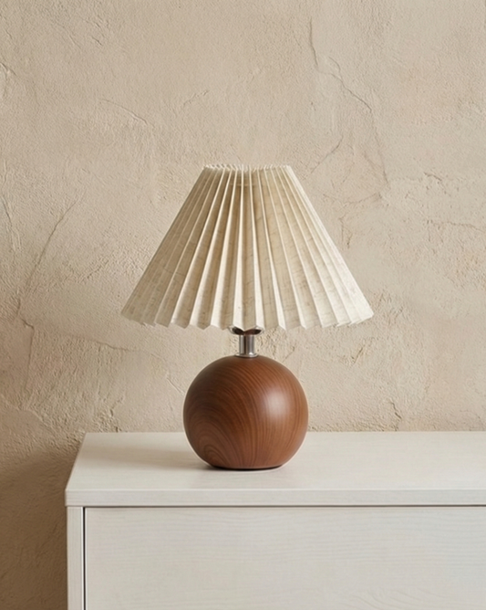 Round ceramic table lamp with wood-look finish