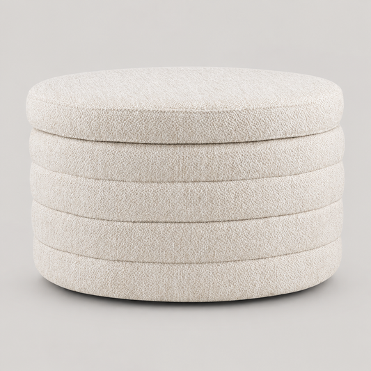 Round Fabric Storage Ottoman in Oatmeal on a neutral background
