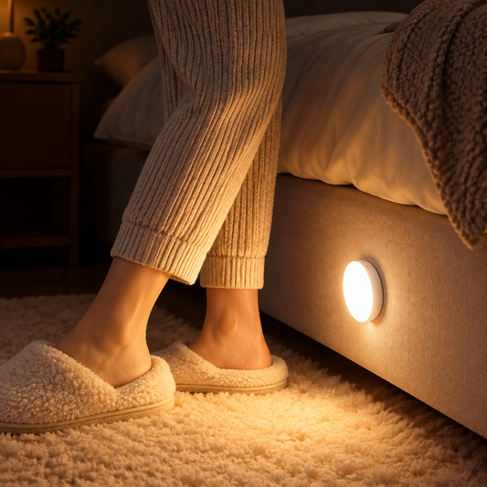 Round motion sensor light glowing beside a bed at night