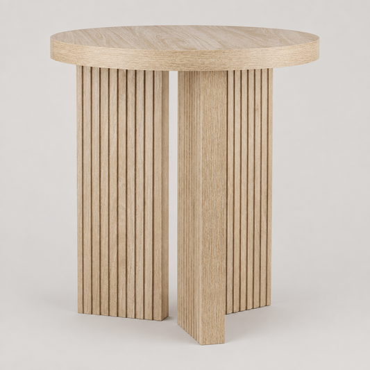 Round Wooden Side Table in Taupe on a neutral background
