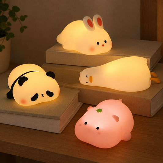 Silicone animal night lights glowing on a stack of books
