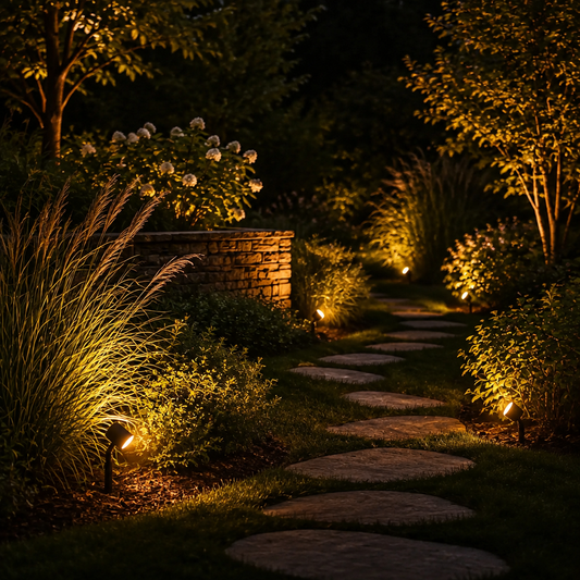 Solar garden spotlights lighting a garden path at night