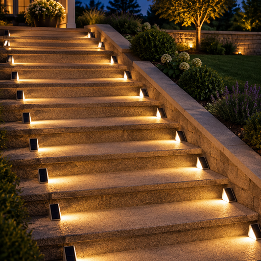 Solar LED stair lights glowing on garden steps at night