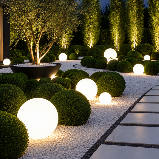 Glowing spherical LED garden lights in a landscaped garden at night