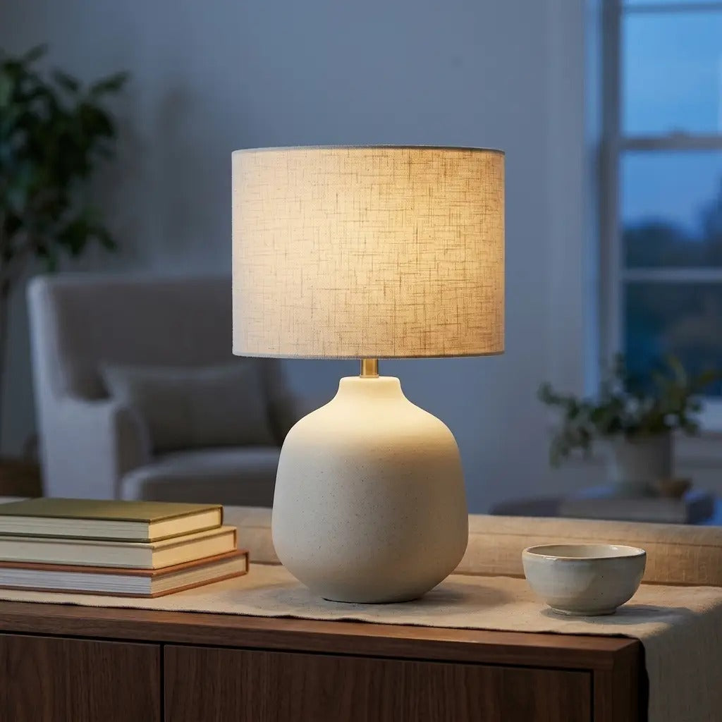 PearlGlow ivory ceramic table lamp with a cylindrical shade