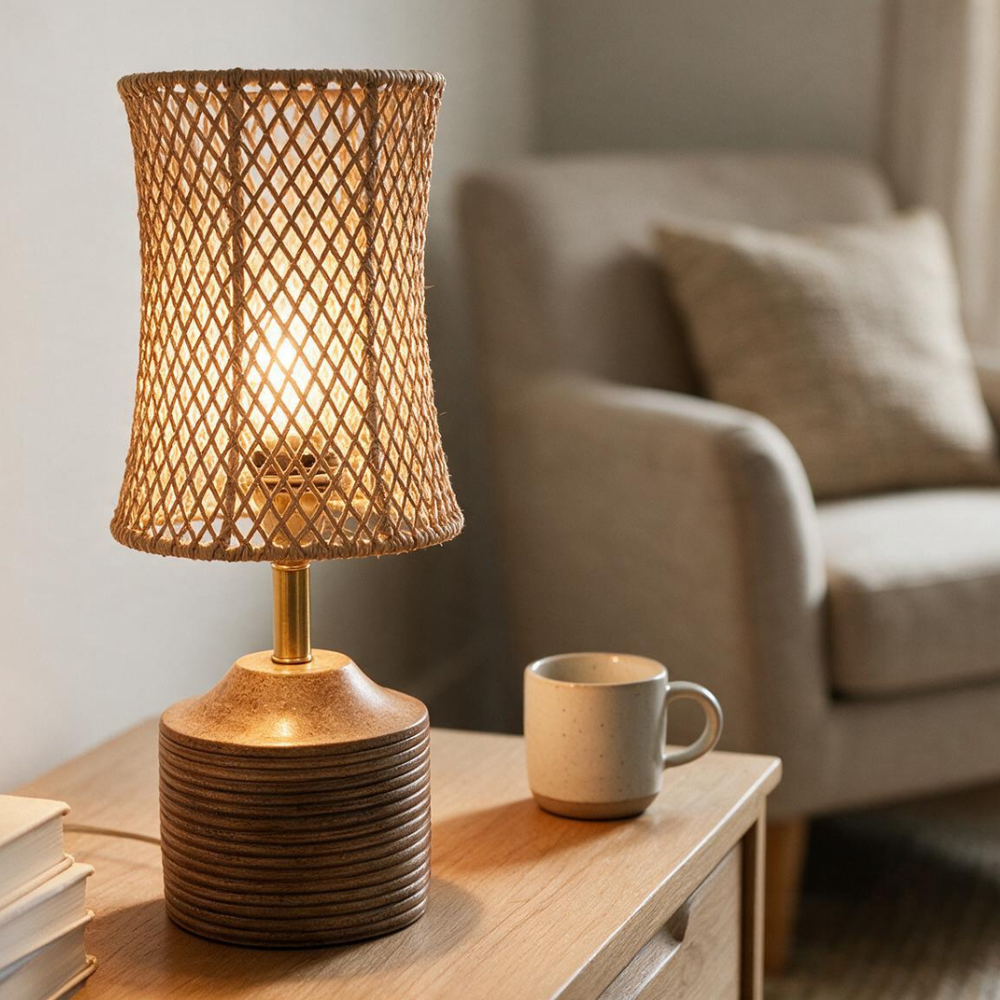 WeaveGlow woven fiber table lamp in a warm, cozy styled room