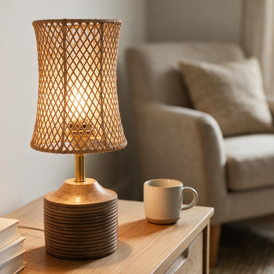WeaveGlow woven fiber table lamp in a warm, cozy styled room