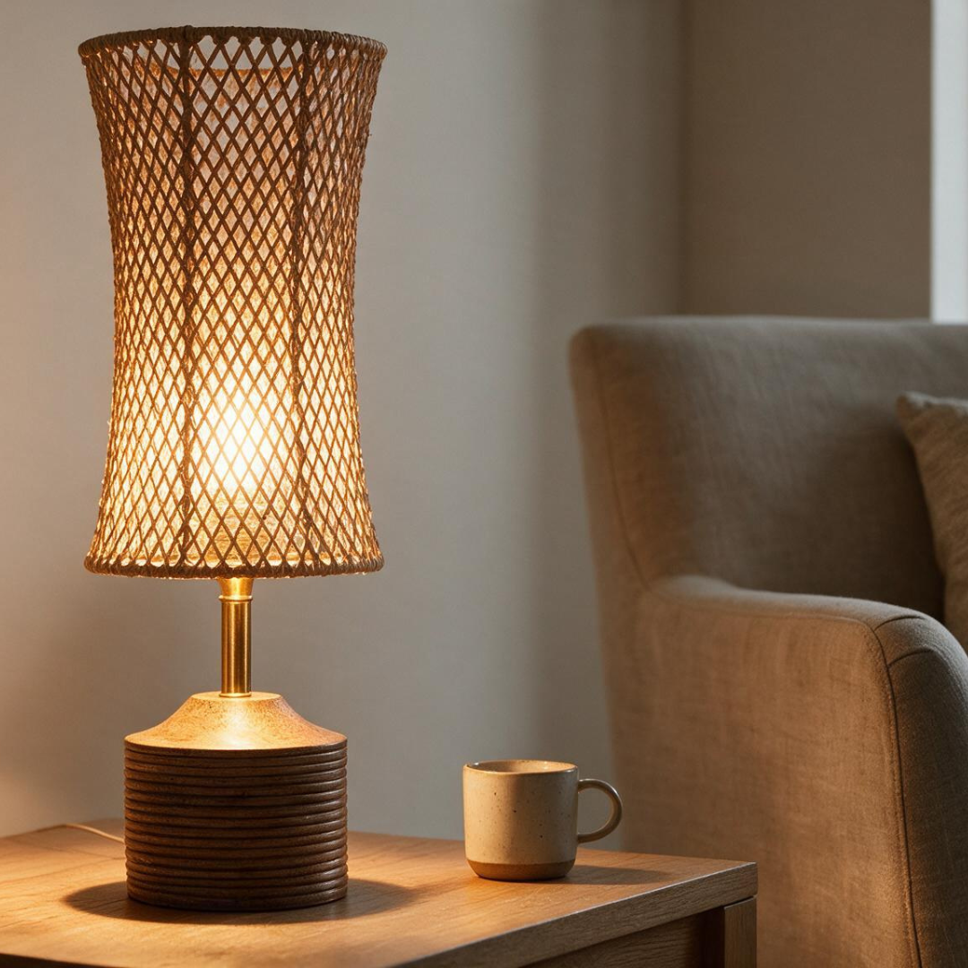 WeaveGlow woven fiber table lamp, warm cozy lifestyle detail