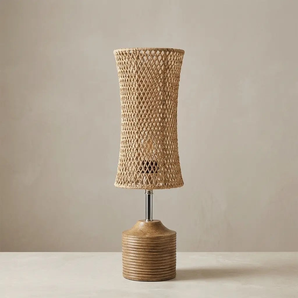 WeaveGlow woven fiber table lamp with a wood-effect base