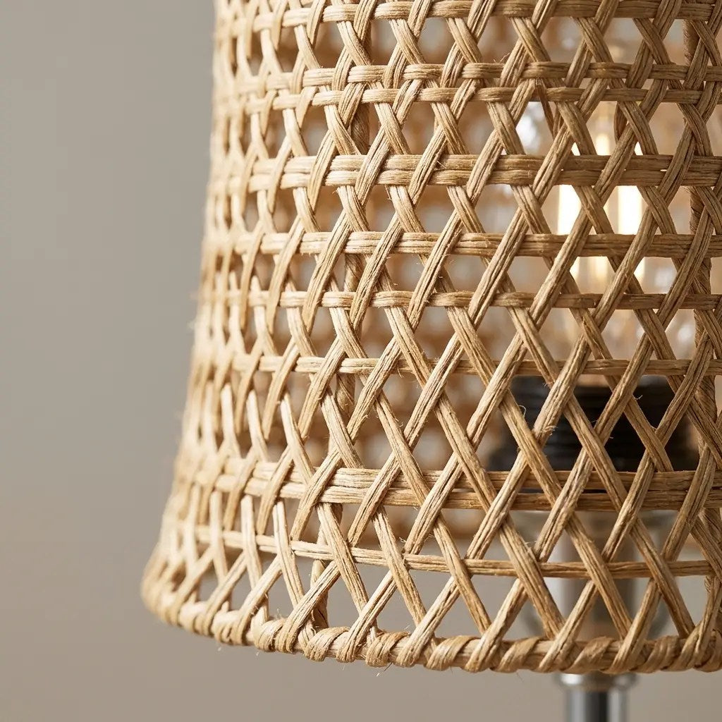 WeaveGlow woven fiber table lamp with a wood-effect base