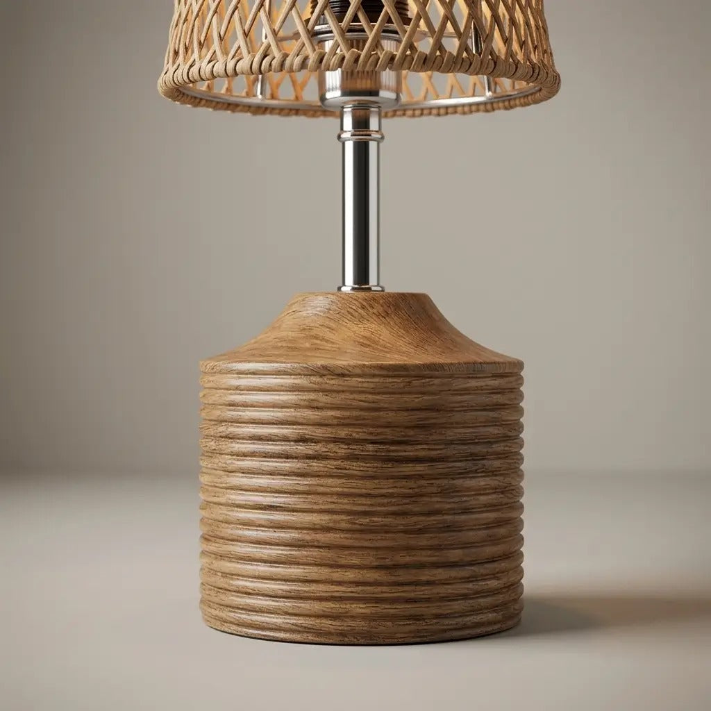 WeaveGlow woven fiber table lamp with a wood-effect base