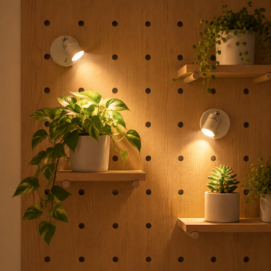 Wireless LED spotlights lighting plants on a pegboard wall
