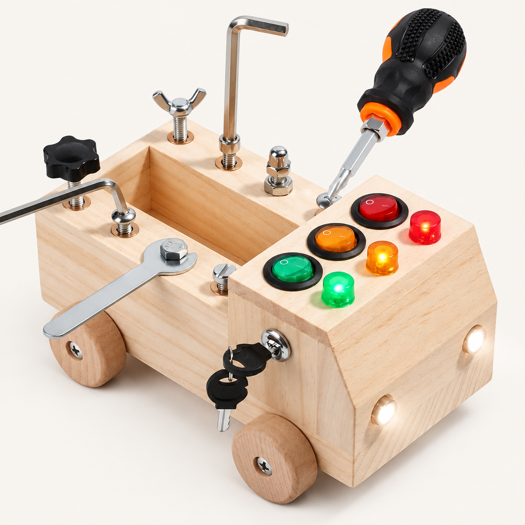 Wooden Busy Board with LED Lights for Kids on a plain light background
