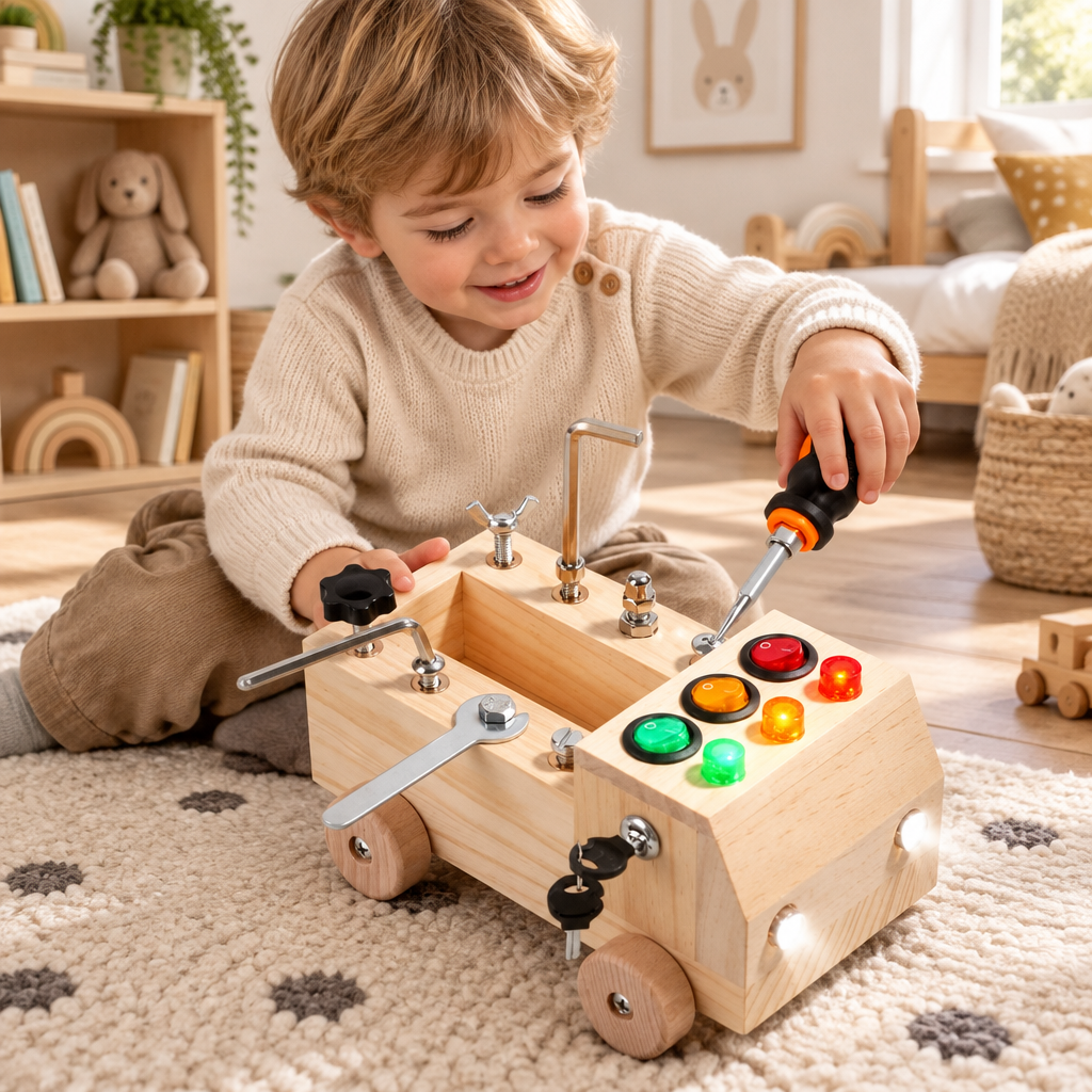 Wooden Busy Board with LED Lights for Kids on a playroom floor rug in a bright Scandinavian kids' room