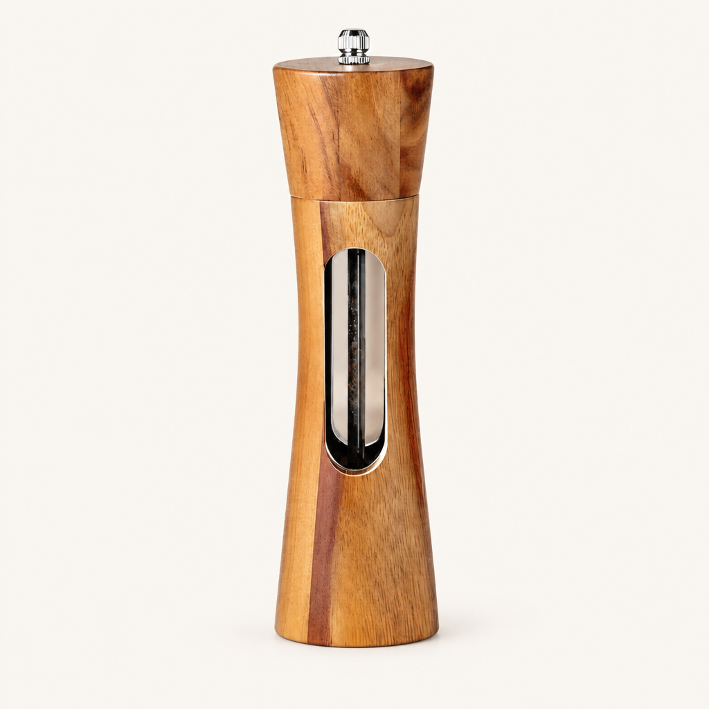 Wooden Salt and Pepper Mills with Adjustable Grinder on a plain light background