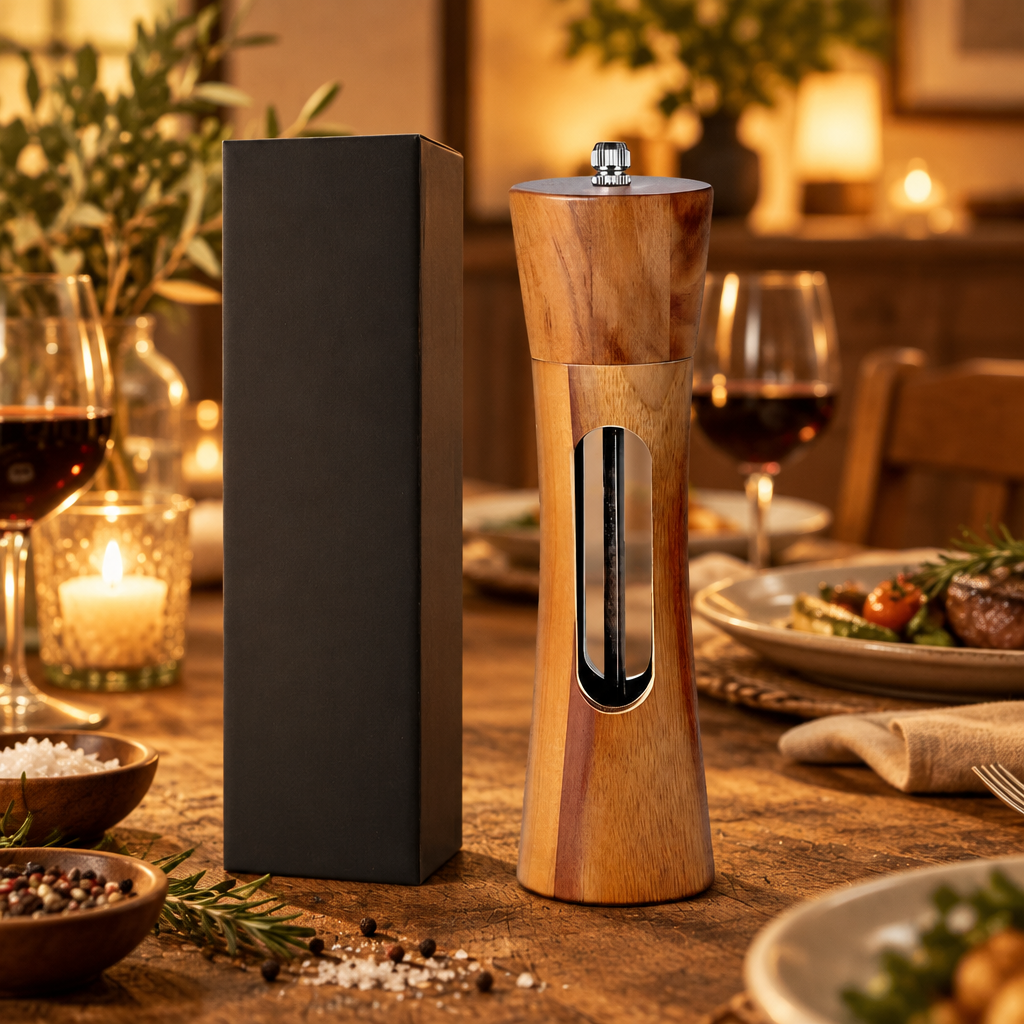 Wooden Salt and Pepper Mills with Adjustable Grinder on a rustic dining table set for dinner