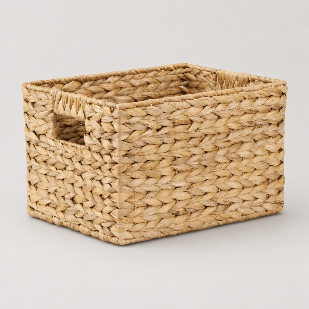 Woven Water Hyacinth Storage Basket on a neutral background