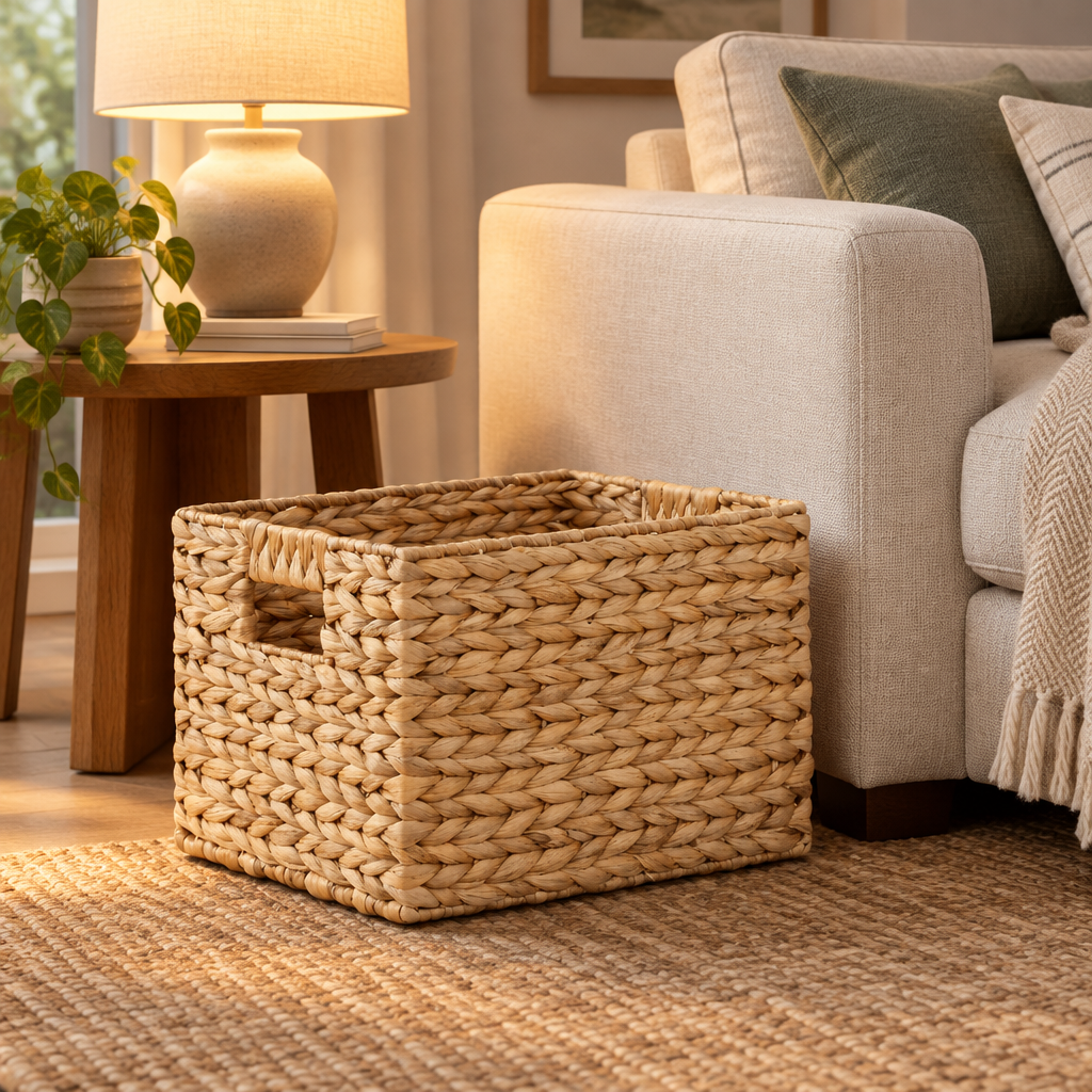 Woven Water Hyacinth Storage Basket in a styled interior