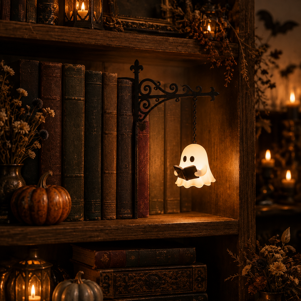 Bookshelf light with glowing ghost pendant between books