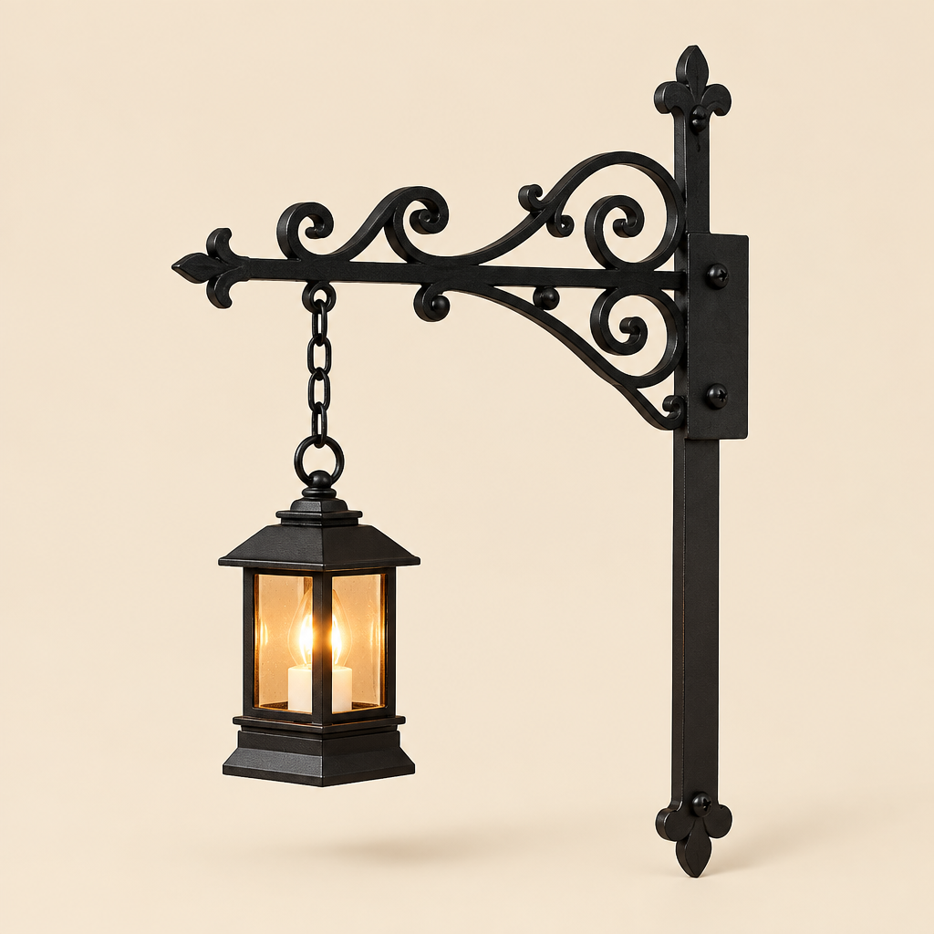 Wrought iron bookshelf bracket with mini lantern pendant